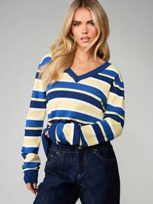 MISSGUIDED V 领条纹针织套头长袖上衣，适合秋冬分层休闲日常时尚 - 彩色 - 查看 6