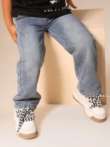 SUMWON 男童宽松浅色水洗牛仔裤，经典五口袋设计，休闲日常穿着，适合度假。 - 中等水洗藍 - 查看 1