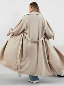 SHEIN CURVE+ Plus Size Women's Black Long Windbreaker, Black Long Sleeve Minimalist Casual Everyday Jacket Plus Size Trench Coat 8xl Women Coat Curve Trench Coat Plus Size Fall Coat,Fall Clothes For Womenfall Clothes For Women,Winter,CURVE PLUS - Khaki - View 2