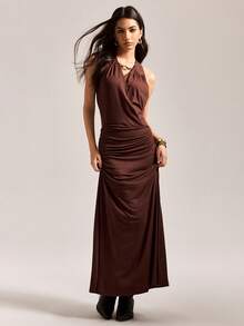 Easelle Vintage Brown Knitted Dress With Neck Tie For Women  Fall Clothes For Women Long And Slim Fit  Elegant Dresses For Party - Coffee Brown - View 4