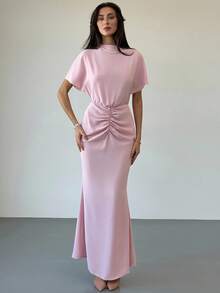 Aloruh 女式新款简约时尚轻盈鸡尾酒会百搭蝙蝠袖修身超长褶饰美人鱼长裙 - 粉色 - 查看 3