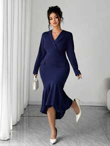 Elenzga 大码女式新款优雅不对称下摆收腰连衣裙，西装领，长袖 - 藏蓝色 - 查看 5