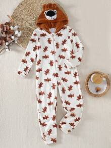 男童休闲卡通熊全身印花羊毛长袖睡衣套装 - 杏色 - 查看 7