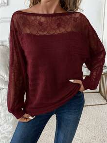 SHEIN Clasi Women's Lace Trim Patchwork Pullover Sweater/Winter - Burgundy - View 5