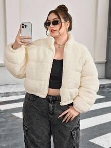 SHEIN CURVE+ 女式加大码休闲米色仿羊毛短款夹棉大衣，冬季 - 米色 - 查看 4