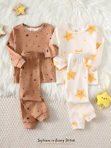 Cozy Pixies 4pcs Baby Girls Snug Fit Pajama Set, Cute Cartoon Star Pattern Knit Soft Round Neck Long Sleeve Top And Elastic Waist Long Pants, Warm Thermal Lined Thick High Stretch Homewear For Winter - Multicolor - View 1