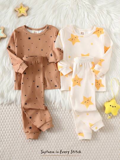 Cozy Pixies 4 piezas Conjunto de pijama ajustado para bebés niñas, diseño de estrella de dibujos animados lindo, tejido suave de cuello redondo, manga larga y pantalones largos de cintura elástica, ropa de casa térmica forrada gruesa y de gran elasticidad para invierno