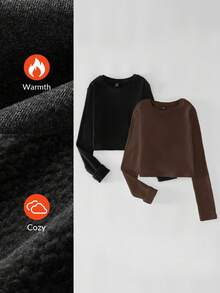 SHEIN BASICS 两件装纯色针织圆领长袖修身短款T恤，女士款，升级保暖面料，带保暖内衬但不臃肿，基础款弹力百搭秋冬女装上衣 - 棕色 - 查看 9