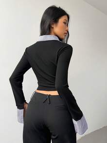 Rina Fox 女式撞色前扣不对称下摆长袖衬衫