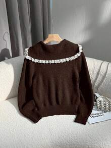 Sweetra 全新秋冬蕾丝边海军蓝学院风可爱甜美水手领开衫 - 咖啡棕 - 查看 2