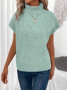 EMERY ROSE Women's Solid Color Turtleneck Casual Short Sleeve Knit Top, Autumn/Winter - Mint Green - View 4