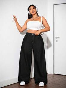 SHEIN CURVE+ Plus Size Casual Solid Color Elastic Slant Pocket Jeans, Autumn - Black - View 2