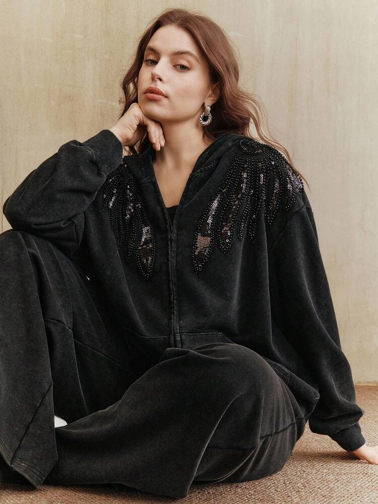 Women's Casual Heavyweight Handwash Embroidered Knit Black Long Sleeve Plus Size Sweatshirt Sweatshirt, Autumn/Winter