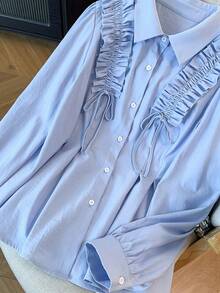 GlowEve CURVE Plus Size Women Elegant Long Sleeve Floral Lace Bowknot Blue Shirt Elegant Lace Blue Top - Blue - View 5