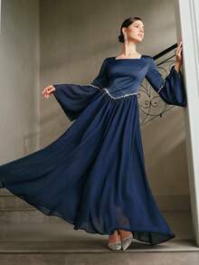 Anewsta Women's New Long Sleeve Flare Sleeve Long A-Line Pleated Dress, Elegant Beaded Collar Chiffon Dress, Navy Blue & Dark Blue - Royal Blue - View 5