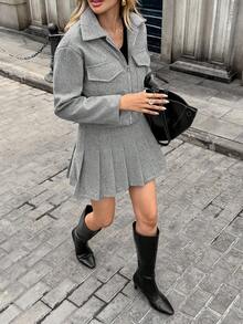 Pariaura 2pcs Grey Wool Blend Set, Cropped Top + Pleated Skirt, Autumn/Winter, Collegiate Girl, Youthful, Retro Korean, Utility Style