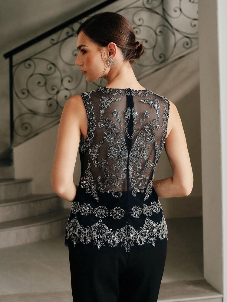 Women's Fashionable High-End Luxury Casual Beaded Sleeveless Top