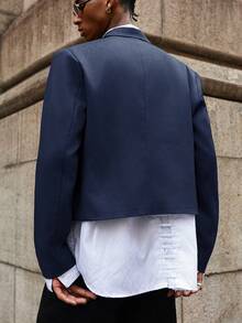 Manfinity EMRG Men Blazer With Double-Breasted Metal Rivet Design, And Versatile, Great Gift For Boyfriend Or Husband Navy Blue Double Breasted Suit Wedding Blazer - Navy Blue - View 2