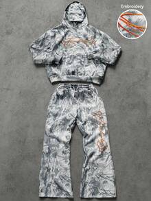 PAVTROS Conjunto de sudadera con capucha y pantalones deportivos con firma en inglés y camuflaje biónico de estilo callejero de moda para hombres, adecuado para festivales de música, discotecas, regalo para novio/esposo, regalo de aniversario, ropa de otoño