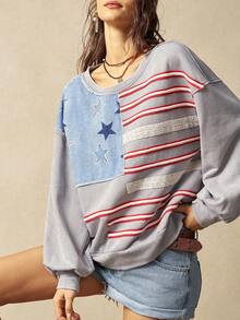 Bohemela Sudadera holgada de manga larga con cuello redondo, de punto y en bloque de color, para mujer - Gris - Ver 3