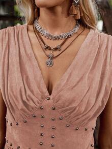 LanaWest 女式新款棕色复古仿麂皮 V 领褶饰腰部拉链开衫，波西米亚镂空流苏西部休闲度假上衣，夏季/秋季 - 粉色 - 查看 5
