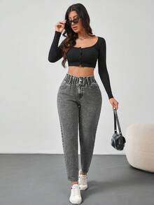 SHEIN Tall 女士牛仔裤休闲修身锥形裤宽腰蓝色牛仔裤高腰女式牛仔裤女裤冬季女式裤子牛仔服 - 淺灰色 - 查看 2