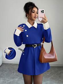 Elenzga 女士优雅奢华时尚厚外套，不含腰带 - 藍色 - 查看 3