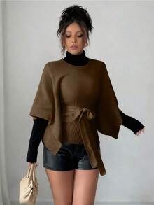 Elenzga Women's Elegant Solid Color Round Neck Belted Sweater - Chocolate Brown - View 4