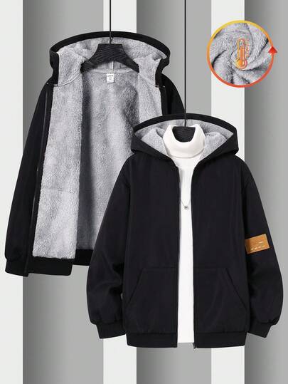 SHEIN 1 件青少年男孩休闲运动学院艺术复古带章装饰撞色抓绒连帽黑色夹克适合儿童服装幼儿男孩衣服返校男孩套装适合生日派对、晚会、表演、婚礼、洗礼、开幕式日常适合日常使用适合上学适合旅行适合运动适合秋冬季