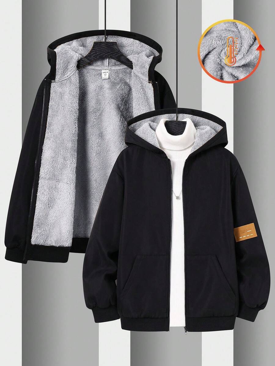 SHEIN 一件青少年男童休闲运动学院风复古夹克，撞色连帽黑色外套，饰有章节装饰，适合返校、生日派对、晚宴、演出、婚礼、洗礼、开幕式等场合，日常穿着舒适，适合上学、旅行、运动，也适合秋冬季节。 - 黑色 - 查看 1