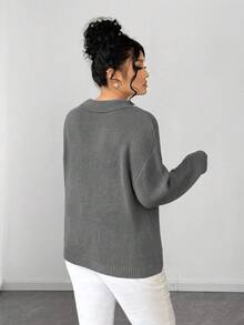 SHEIN Elenzya 女士珍珠领纯色简约套头毛衣 - 淺灰色 - 查看 2