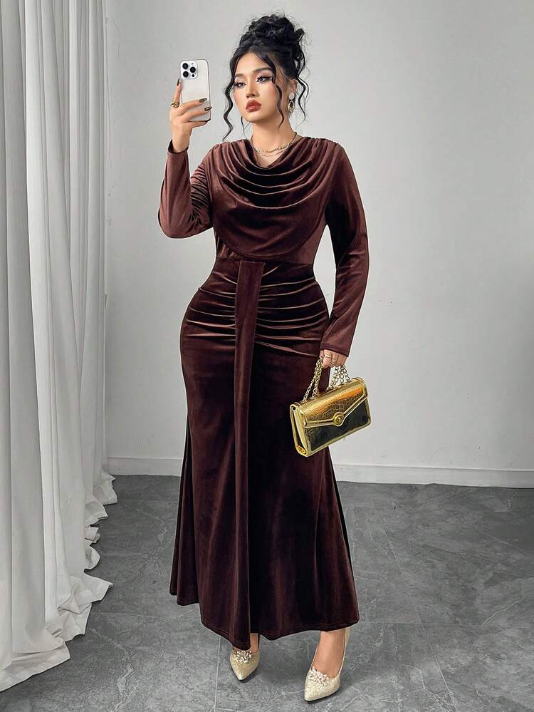 Modelyn Elegant Velvet Draped Neck Long Sleeve Fitted Regular Plus Size Dress, Spring/Autumn - Brown - View 3