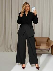 Auralis Plus Size Solid Color Minimalist V-Neck Long Sleeve Top And Pants 2 Pieces Set/Winter Elegant Office Old Money - Black - View 7