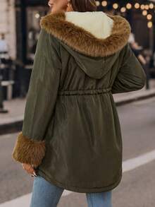 Editum 女士优雅装饰仿毛领长袖抓绒外套，冬季加厚，特大号毛领，圣诞节冬季舒适保暖，适合秋冬季节、新年、感恩节等优雅场合穿着 - 墨綠色 - 查看 3