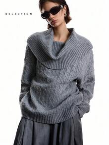 LYSMO 2025 Women Chic Grey Autumn Everyday Off-Shoulder Long Sleeve Sweater, Minimalism Loose Solid Color Multiple Ways To Wear Stockholm Style Winter Look - Grey - View 5