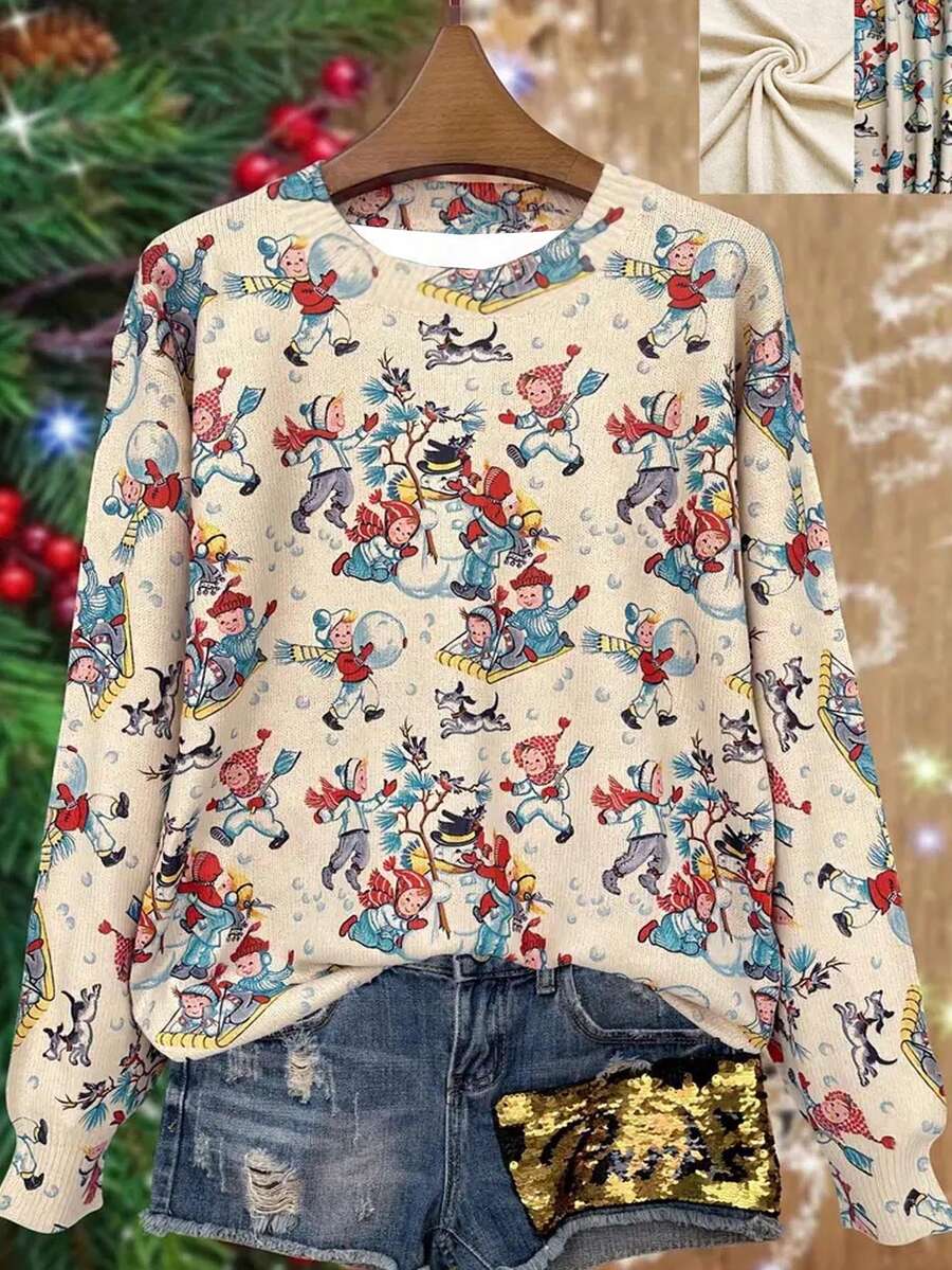 EMERY ROSE Women's Lightweight Christmas Snowball Fight Print Crew Neck Sweatshirt - Multicolor - View 1