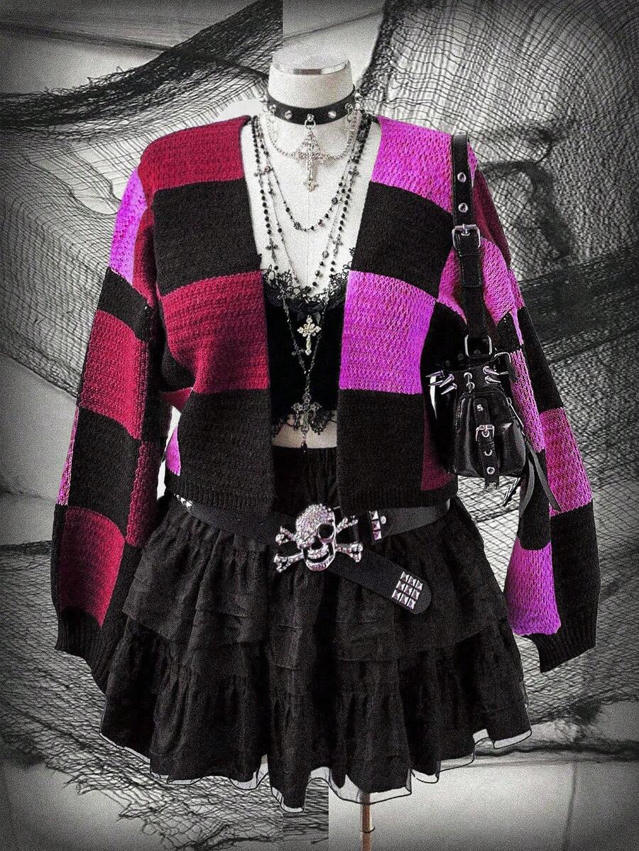 Sunspun Cárdigan de manga larga con abertura frontal a cuadros para mujer de talla grande, otoño/invierno - Multicolor - Ver 1