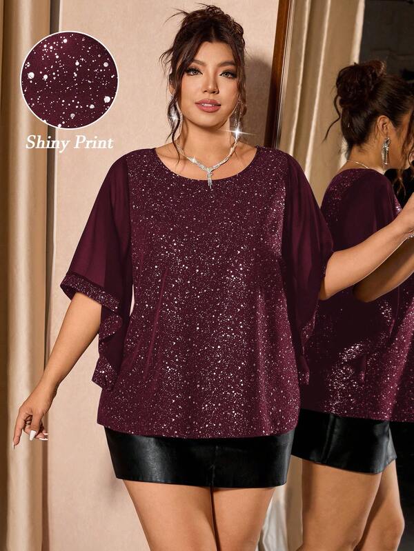 Cravure Plus Size Women's Luxury Party Style Versatile Fashion Slim Fit Glitter Elegant Blouse, Suitable For Gatherings And Banquets