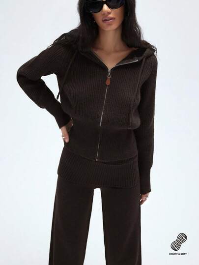 Aveloria Affinna Women's Solid Color Long Sleeve Zip-Up Hooded Sweater And Knit Pants Casual 2 Pieces Set, Autumn/Winter
