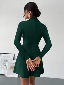 Firerie 女士优雅简约精致浪漫甜美日常通勤婚礼派对音乐节节日褶皱 A 字迷你连衣裙，红色长袖 - 水鴨藍 - 查看 2