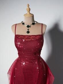 Viva Relle Plus Size Women Solid Color Sequin Contrast Mesh Ruffle Hem Slip Dress - Burgundy - View 8