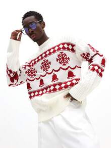 SUMWON Christmas Holiday Knit Sweater With Snowflake And Bell Patterns For Festive Winter Celebrations Casual - Red and White - View 3