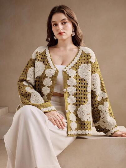 Anewsta Plus Size Women Floral Embroidery Hollow Design Drop Shoulder Long Sleeve Loose Knit Cardigan, Autumn/Winter