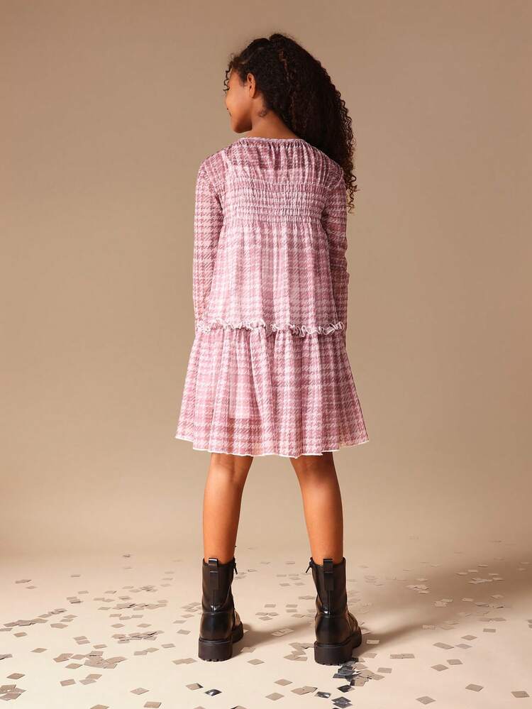 Pink Checked Mesh Ruffle Dress With Long Sleeves