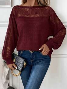 SHEIN Clasi Women's Lace Trim Patchwork Pullover Sweater/Winter - Burgundy - View 7