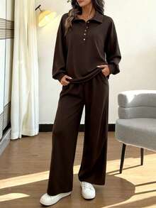 SHEIN Women's Solid Color Button Half-Placket Long Sleeve Sweatshirt And Pants Casual 2 Pieces Set, Autumn