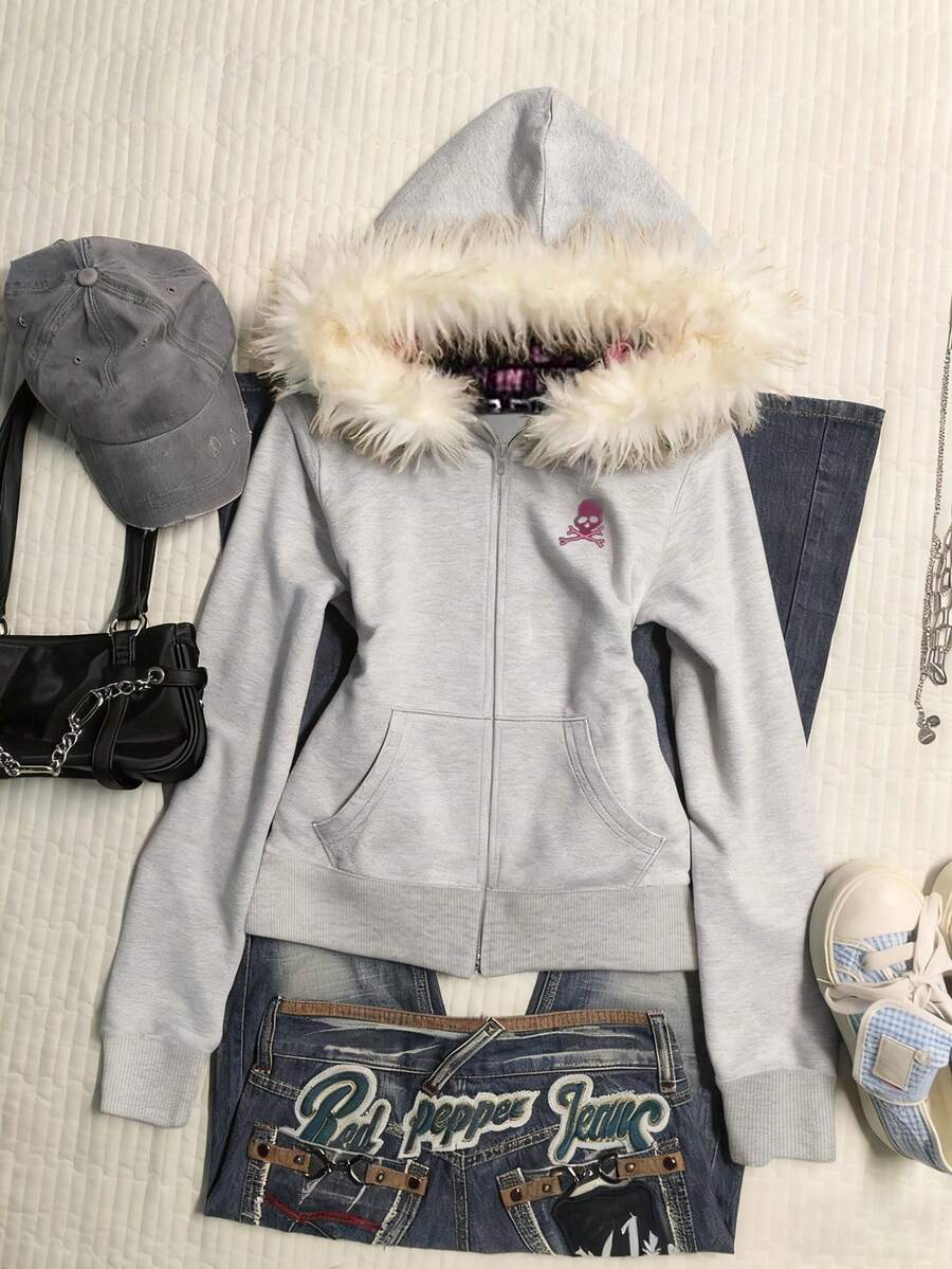 StreetHx Áo khoác nỉ trùm đầu dáng ôm dành cho nữ có cổ lông nhân tạo, in kỹ thuật số - Xám - Xem 1