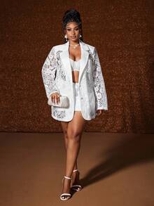 SHEIN CURVE+ Blazer de manga larga con encaje calado y talla grande en blanco - Blanco - Ver 6