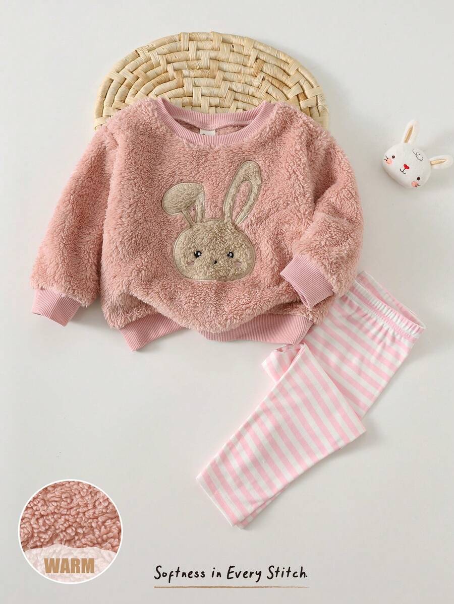 Cozy Pixies 2 piezas Conjunto de sudadera de cuello redondo de manga larga y pantalones de cintura elástica con estampado de animales de dibujos animados para bebé niña, forrado térmico grueso para invierno