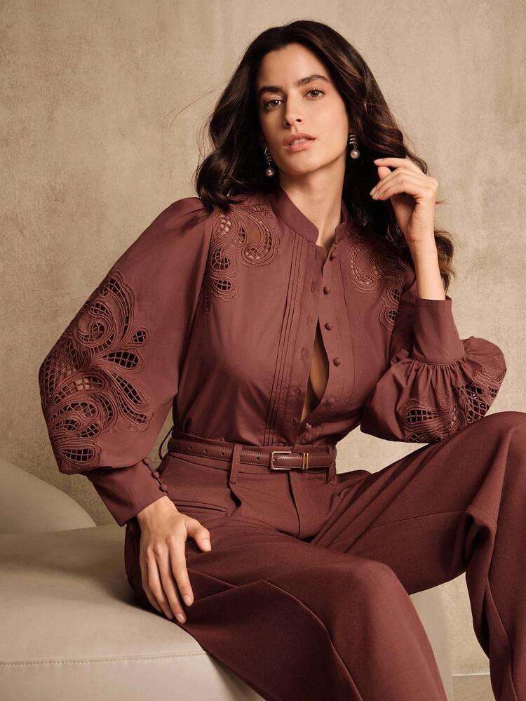 Anewsta White Hollow-Out Embroidered Long Sleeve Loose Blouse, Suitable For Going Out In Spring, Fall, Winter, Summer, New Year, Party, Wedding, Elegant, Chic, Stylish, Business Casual For Women - Burgundy - View 2